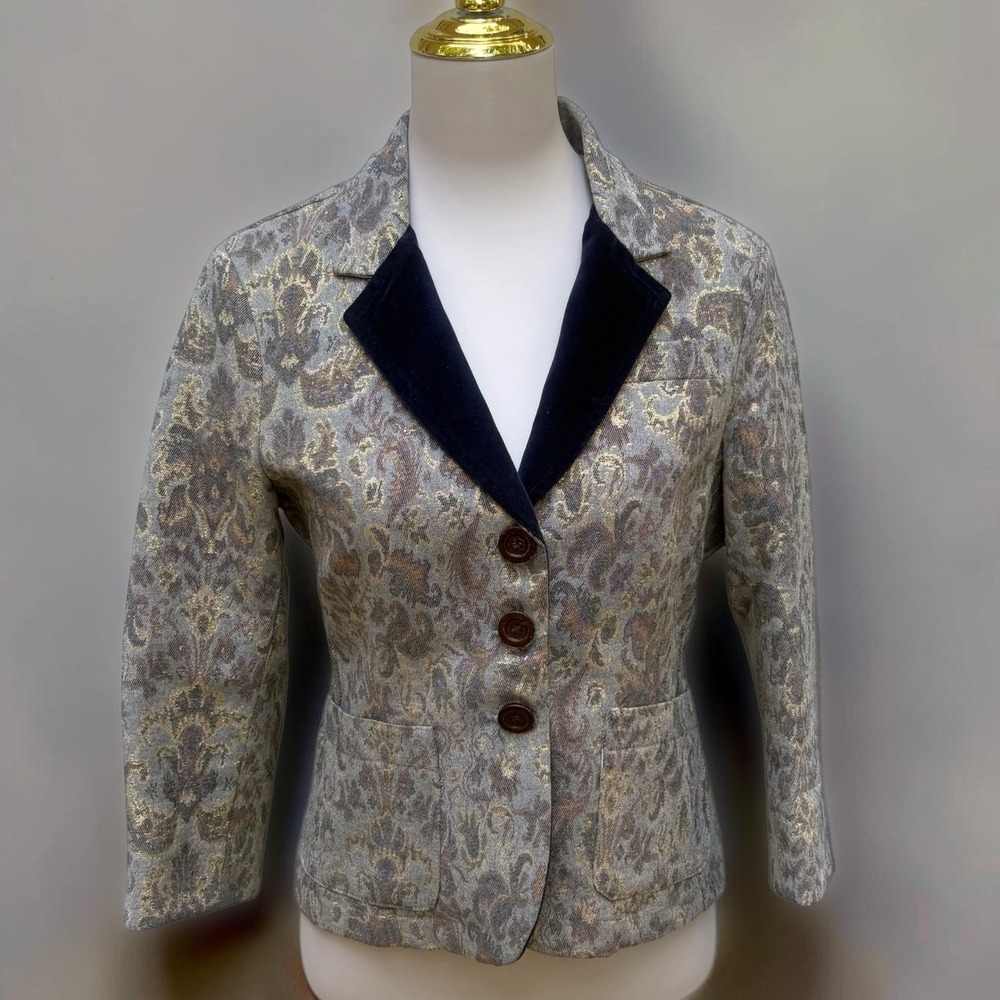 EDUN Blazer Jacket M Gold Grey Damask Tapestry Velvet Lapel Metallic Regencycore